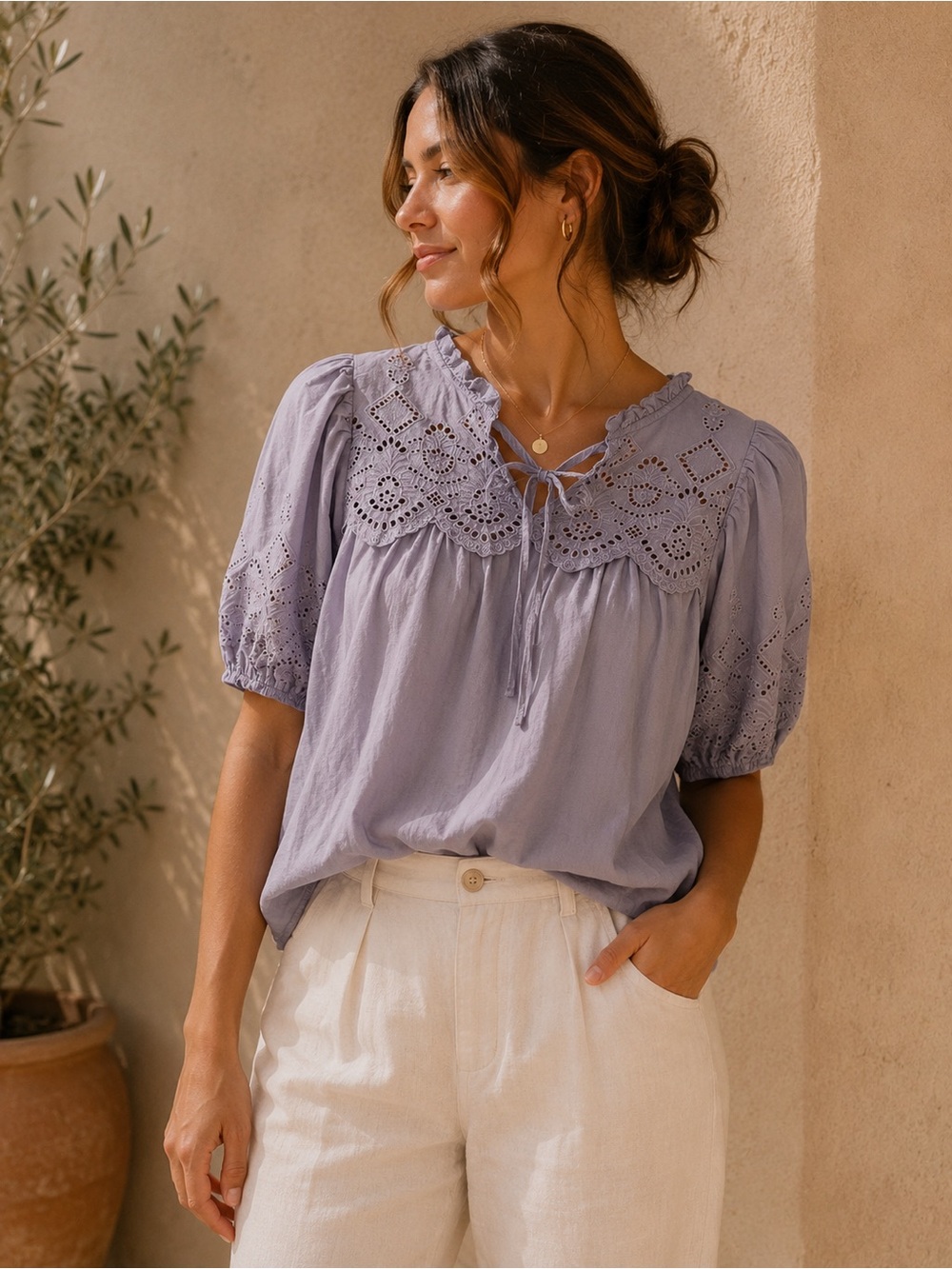 Lavender Eyelet Cotton Blouse | Cottagecore Boho Romantic Top